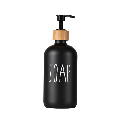 500ml 16.9oz Black Glass Soap Dispenser with Bamboo Pump Refillable Bathroom Hand Soap Dispenser Dish Soap Bottle Luxury Kitchen Bath Decor