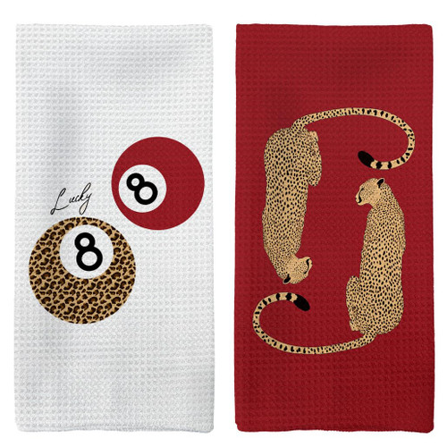 Tzhim Preppy Red Leopard Kitchen Towels Set of 2, Trendy Cheetah Lucky 8 Balls Hand Towels, Red Leopard Dishcloths Tea Towel for Kitchen, Funky Retro Cheetah KitchenBathroom Decor, 16x24in