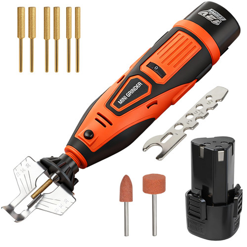 WIOR Cordless Chainsaw Sharpener Kit with Titanium-Coated Diamond Bits - 12V Electric Chain Saw Sharpener Tool, 2 Batteries, 6 High Hardness Sharpening Wheels, Angle Attachment for All Chainsaw Chains