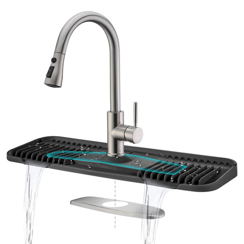 Kingmall 2nd Generation Silicone Faucet Mat, Kitchen Faucet Drip Catcher with Cuttable Circular Center for Kitchen Sink, Tailor-Made for Faucets with Deck Plate, 100% Food Grade Silicone, Black