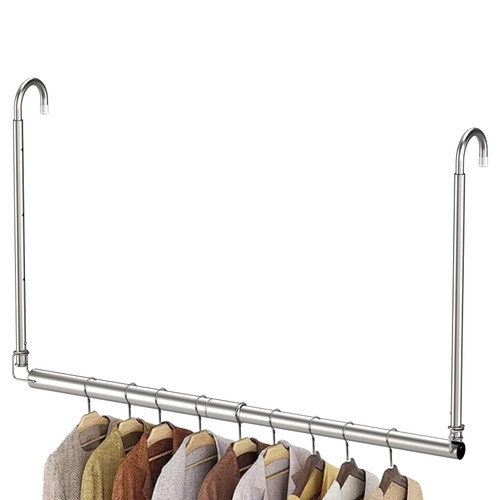 Hanging Closet Rod, Adjustable Height & Width Closet Rods for Hanging Clothes-Closet Extender Hanging Rod Space-Maximizing Design Suitable for Hanging and Drying Clothes, Silver