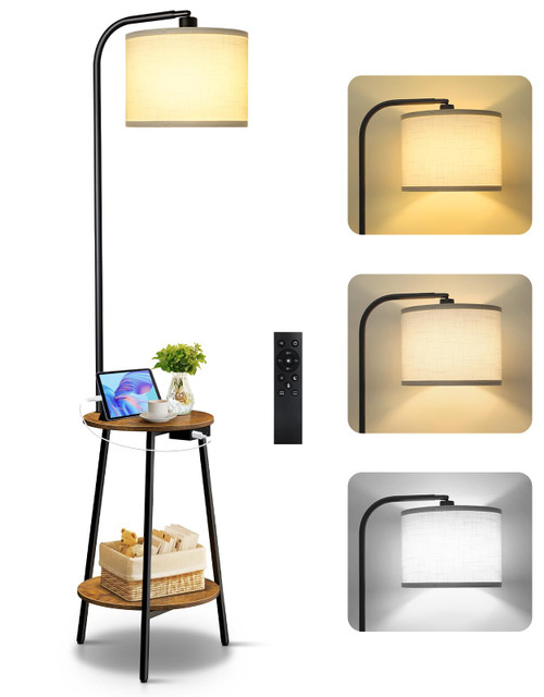 OUTONLIFE Floor Lamp with Round Table, Dimmable LED Standing Lamp with Remote, 3 Color Temperatures, Side Table with Charging Station, Space-Saving End Table for Living Room, Bedroom, Office