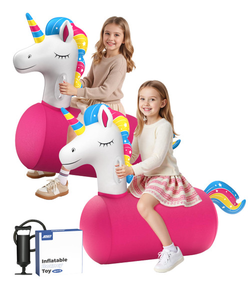 JOSEN Large Inflatable Bouncy Unicorn Hopper Toy with Hand Pump, Kids Indoor Outdoor Ride on Bounce Animal, Bouncing Horse for Girls, Boys Up to 220lbs, Birthday Gift for 4 6 8 Year Old (2 Pack)