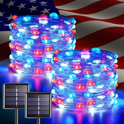 JMEXSUSS 2 Pack Solar Fairy Lights, Each 100 LED 33FT, Red White and Blue