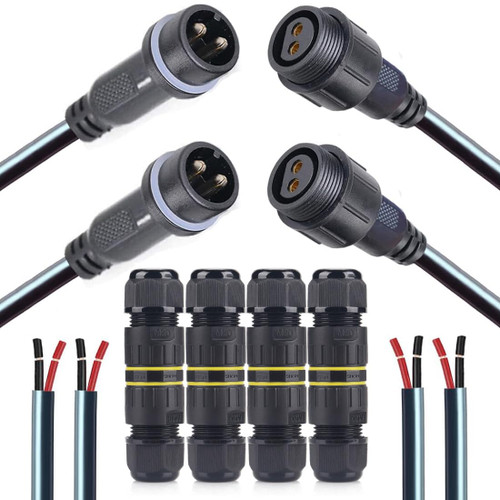 QOFOWIN 2 Pin Electrical Connector，Male Female 12AWG 2wire Waterproof Connector with 4PCS M20 Plug-in Connectors Suitable for Car,Truck,Boat,Indoor/Outdoor LED Strip Lights/String