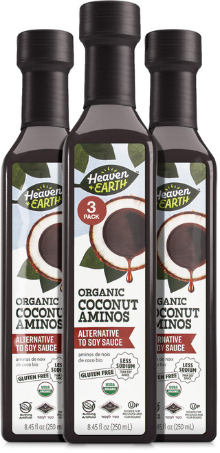 Heaven & Earth Organic Coconut Aminos, 8.4 oz (3 Pack) | Soy Free | Paleo Friendly | Low Sodium | Soy Sauce Replacement | Kosher (Including Passover)