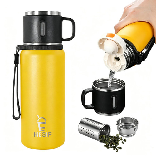 Icesip Stainless Steel Insulated Bottle, 20oz with cup Vacuum Insulated Water Bottle, Thermo for Hot Drinks/Cold Drinks,24-Hr Insulation Commute, Travel