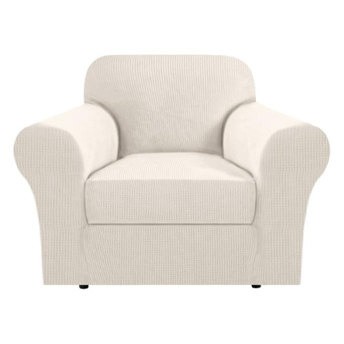 H.VERSAILTEX Stretch Armchair Slipcover 2 Piece T Cushion Chair Covers for Living Room Furniture Cover Suit for Box Cushion, Spandex Jacquard Fabric Small Checks(Armchair-Oversized, Ivory)