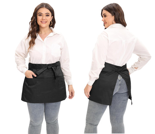 Jaspfct Server Aprons Plus Size W 3 Pockets - Half Waist Apron for Women Men-MD033,Black