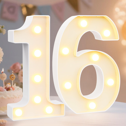 Pooqla Decorative Led Light Up Number Letters, White Plastic Marquee Number Lights Sign 16th Birthday Decorations for Girls Boys Party Wedding Decor Battery Operated Number (16)