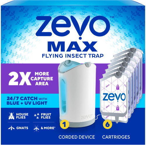 Zevo MAX Bug Catcher, Gnat & Fruit Fly Trap Indoors, 1 Base & 6 Refills