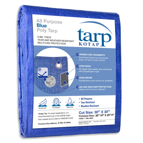 Kotap 30 x 30 ft All-Purpose Multi-Use Protection/Coverage 5-mil Poly Tarp, Waterproof, Blue, (TRA-3030)