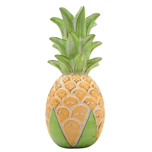 Wowser Yellow and Green Carved Wood Tropical Pineapple, Freestanding Beach Décor, 15 Inches