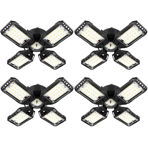 Aoretic LED Garage Lights 4 Pack -120W, 12000LM 6500K Led Shop Light with 4+1 Deformable Panels, Basement Barn Light Garages Ceiling Lights, E26/E27 for Garage, Warehouse, Shop
