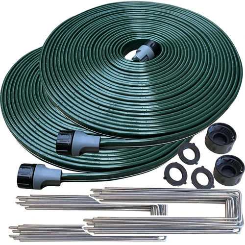 Watoo 2027 Sprinkler Hose & Soaker Hose for Yard - 150 FT Reinforced Flat Garden Hose with Holes, Heavy Duty No-Kink Lawn Irrigation Hose (Includes Stakes, High Pressure Spray)