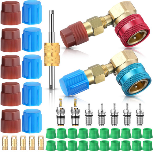 Tandefio R1234yf Adapter R1234yf to R134a Quick Coupler High Low Side Ac Fitting Adapter with Valve Core Hose Seal Thimble Valve Core Remover for Car AC Air Conditioner Refrigerant System (90 Degrees)