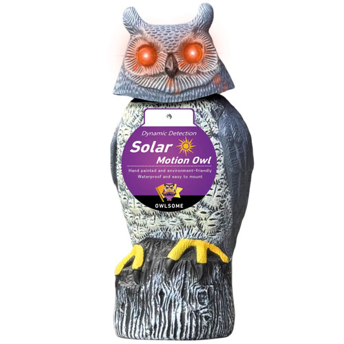 Owlsome Solar Owl with Colored Flashing Eyes, Rotating Head, Hoot Sound, Motion Detector and Silent Mode, Plastic Owl Garden Sculpture, Garden Decoration