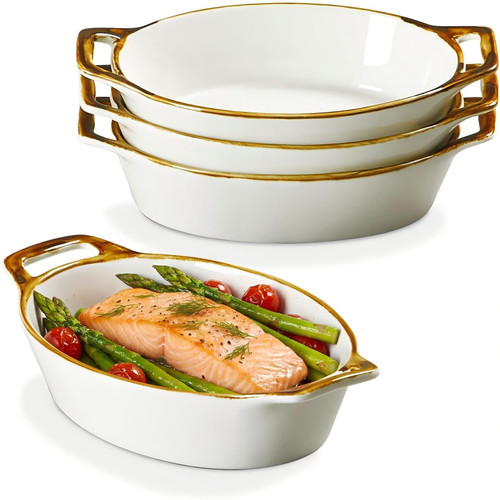 ONEMORE Oval Ceramic Au Gratin Baking Dishes Set of 4 with Brown Rim, 20 oz