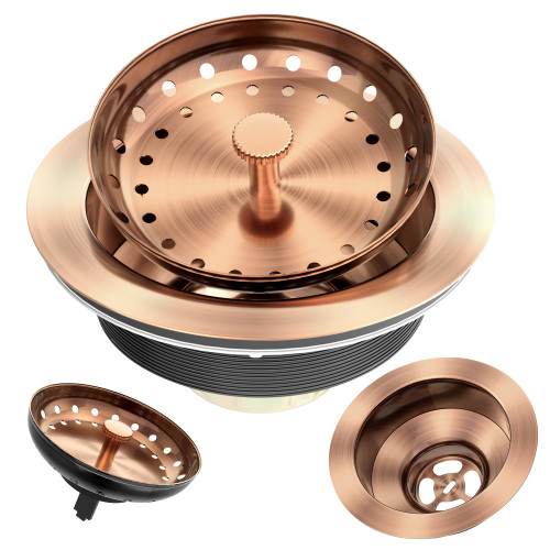 Exakey Kitchen Sink Drain Copper 3-1/2 Inch Stainless Steel Kitchen Drain Strainer Assembly Kit with Strainer Basket and Drain Stopper for Standard Sink Drains Antique Copper