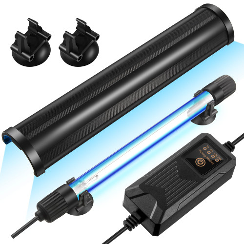 Qualirey 11W Aquarium UV Light for Fish Tank, UVC Light Fish Tank for Aquarium Algae Control, Submersible Waterproof UV Lamp with Timer and Hood for Pond Sump Swimming Pool