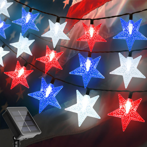 4th of July Twinkle Solar Star String Lights Outdoor 39FT/100L Fairy Lights