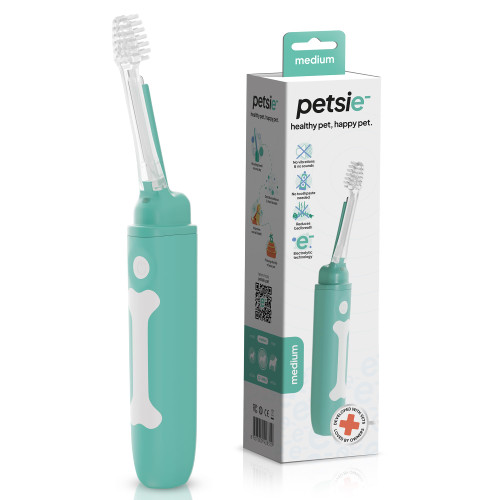 petsie Electric Dog Toothbrush | Silent & Vibration-Free | Vet-Developed Electrolytic Technology | No Toothpaste Needed | Built-in Timer & App | Replaceable Heads for Small, Medium & Large Dogs