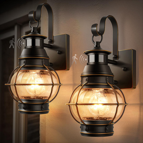Lamomo Outdoor Wall Sconce,2 Pack Black Dusk to Dawn Motion Sensor Light Fixtures,Exterior Aluminum Waterproof Porch Lights for House Patio(No Bulb)