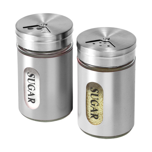 STJKBDFC Sugar Shaker Duster Stainless Steel and Glass Set with Adjustable Pour Holes Cinnamon Shaker For Coffee Bar,set of 2 (silvery)