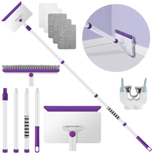 Baseboard Cleaner Tool with Handle, 60" Extendable Long Handle Baseboard Cleaner with 5 Reusable Pads for Baseboards Cleaning, Ceiling, Wall, Floor, Bathroom Kitchen