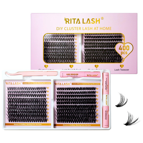 RITALASH Lash Extension Kit DIY Lash Clusters Kit 400pcs Cluster Lashes Individual Lashes Eyelash Extension Kit with Lash Bond and Seal,Lash Remover,Lash Tweezers(40D+60D Cluster Kit,8-16mm)