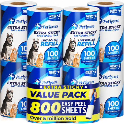 PetLovers Extra Sticky Lint Roller Mega Value Set for Pet Hair Removal, Dog and Cat Lint Remover (8 Pack Refills)