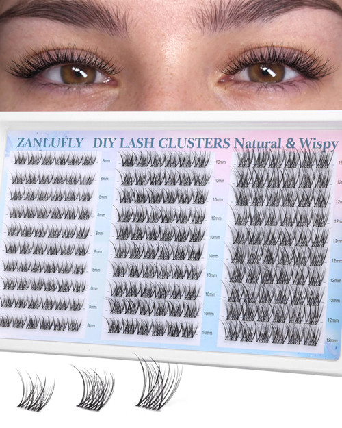 Short Lash Clusters 8-10-12mm Natural Eyelash Clusters Clear Band Individual Lashes 180pcs Wispy Cluster Eyelash Extensions CC Curl Cluster Lashes for DIY Daily Makeup zanlufly
