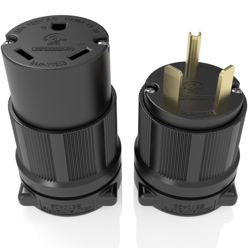 Journeyman-Pro NEMA TT-30P & TT-30R, 30 Amp, 125 Volt, 3-Prong Straight Blade Male & Female RV Trailer Generator Plug Connector, Black Industrial Grade, Grounding 3750 Watts (Black - Combo Set)