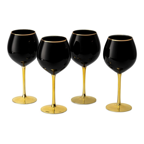 Black Wine Glasses Set Of 4 Gold Stem Rim 14Oz Luxury Modern Stemware Gifts