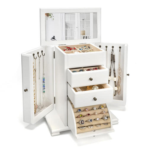 Emfogo Jewelry Box for Women, Rustic Wooden Jewelry Boxes & Organizers with Mirror, 4 Layer Jewelry Organizer Box Display for Rings Earrings Necklaces Bracelets (Weathered White)