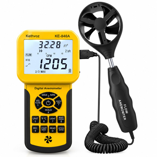 HVAC Anemometer CFM Air Flow Meter, Kethvoz Digital Wind Speed Tester 846A