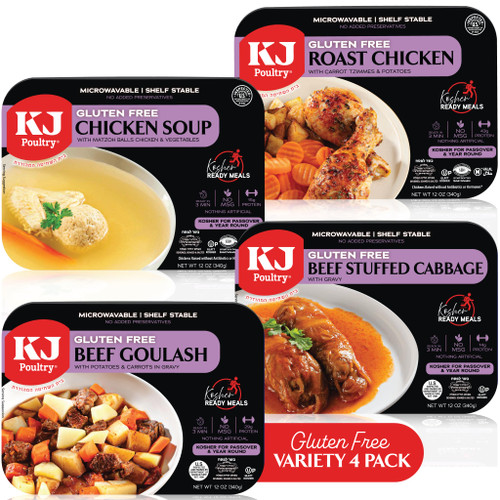 KJ Poultry Kosher for Passover Gluten Free Meals, Matzo Ball Chicken Soup + Beef Goulash + Roast Chicken + Stuffed Cabbage (4 Pack Variety) Prepared Entree Fully Cooked, Shelf Stable Microwave Dinner