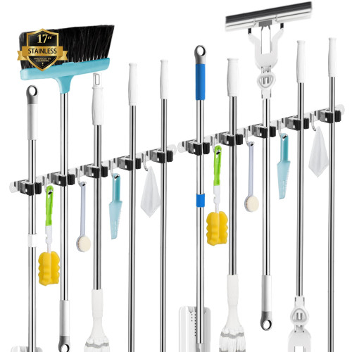 2 Pack Broom Holder Wall Mount, 5 Racks 4 Hooks Mop and Broom Organizer