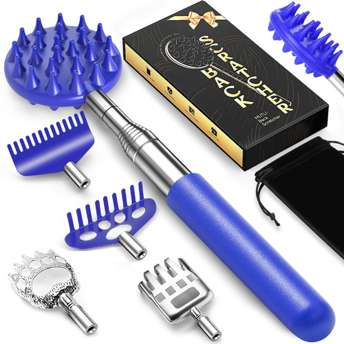 Telescoping Back Scratcher with 5 Detachable Heads, Gift for Men Blue