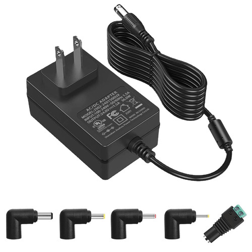 24V 1.5A Power Supply Adapter (36W Max) - UL Listed Class 2 AC/DC Converter with 5 Tips for LED Strip, CCTV, Router, Samsung Soundbar, Massage Gun (Center Positive) - 5.9ft Cord