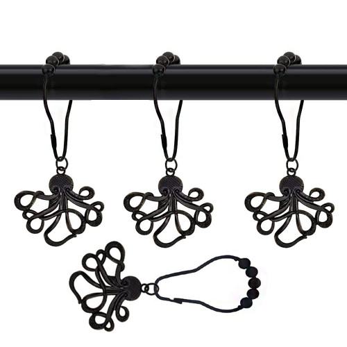 12Pcs Decorative Octopus Shower Curtain Hooks for Bathroom Rod, Black