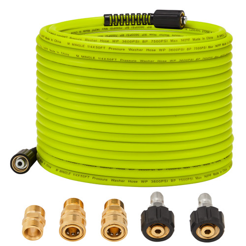 M MINGLE Pressure Washer Hose 50 FT x 1/4", M22 14mm Fittings, 3600 PSI