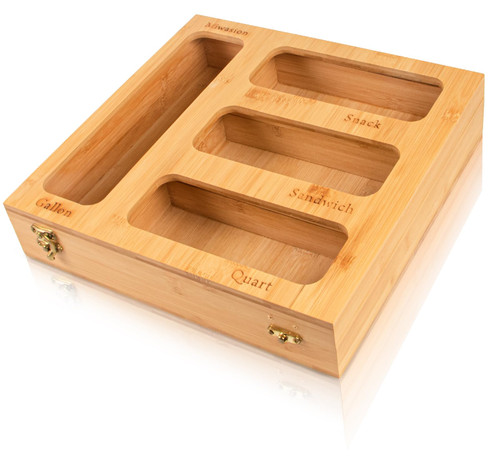 Speclux Bamboo Food Bag Organizer for Kitchen Drawer, a bamboo 4 slots - made dispenser container for plastic bags.Suitable for Gallon Quart Sandwich & Snack Variety Size Bag