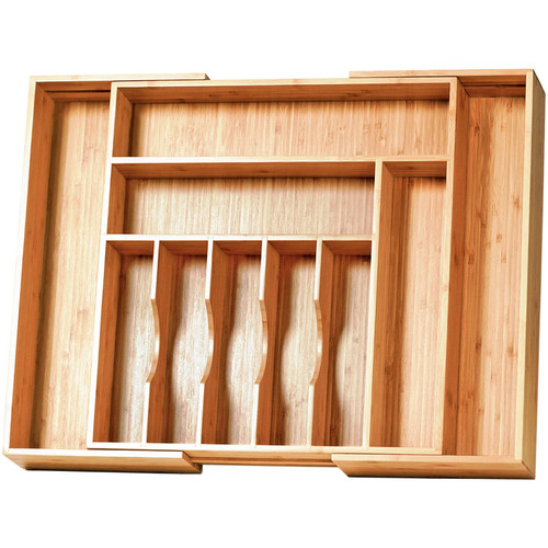 Umilife Extra Large Expandable Kitchen Siverware Utensils Drawer Organizer, 19" Deep for Big Drawer, Adjustable Bamboo Wood Drawer Divider with Curved Grooves, Cutlery Tray Flatware Holder