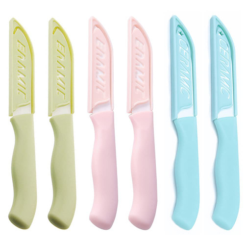 6 Pack Ceramic Paring Knives with Cover, Fruit & Vegetable Knife (3 Colors)