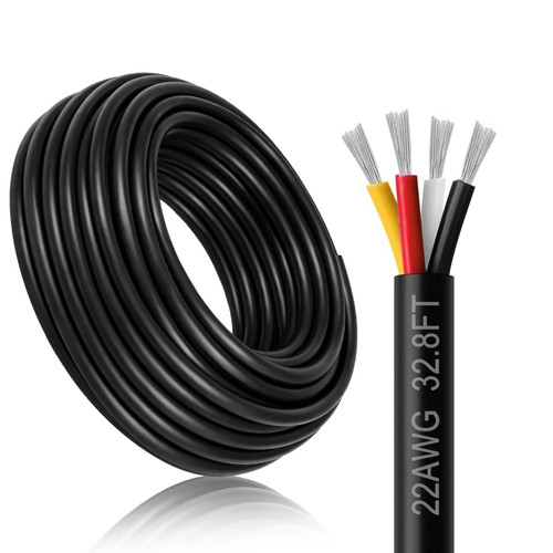 DEKIEVALE 22 Gauge 4 Conductor Wire, 32.8FT Black PVC Stranded Tinned Copper Wire, 22/4 Speaker Audio, Audio Power Cable, Flexible 22AWG 4 Core Cable for Security, Alarm, Thermostat, Sound, Sprinkler