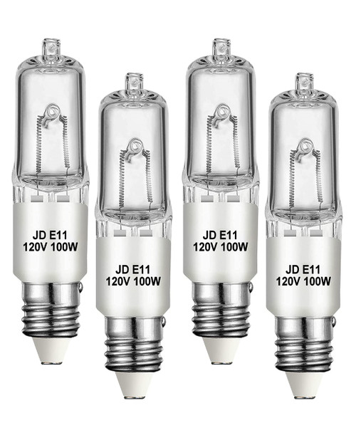 Jaenmsa JDE11 120V 100W Halogen Mini Candelabra Bulbs,T4 100W JD E11 Bulb 4 Pack (Replacement E11 LED Bulb) 2700K Warm White Dimmable Halogen Bulb T4 for Ceiling Fan Light,Chandeliers,Table Lamps