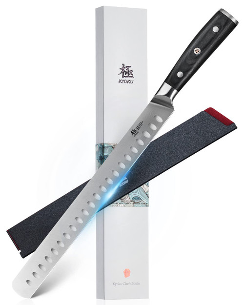 KYOKU 12" Slicing Knife, Samurai Series Brisket Knife for Meat Cutting with Pakkawood Handle, Japanese High Carbon Steel Meat Carving Knife for BBQ Brisket Turkey Ham Rib Roast Beef with Sheath & Case