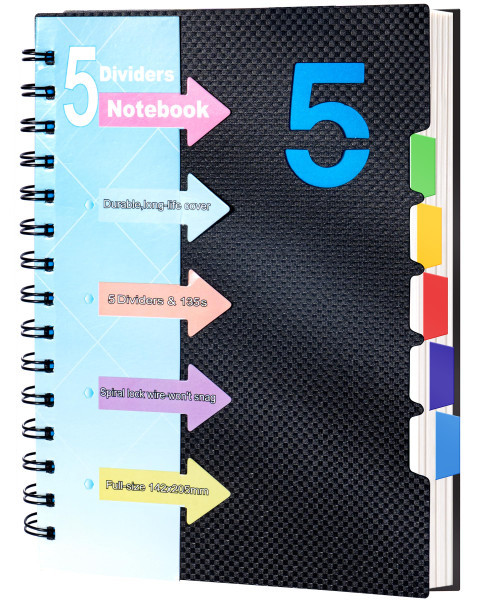 CAGIE 5 Subject Notebook, Small Spiral Notebook with Tabs