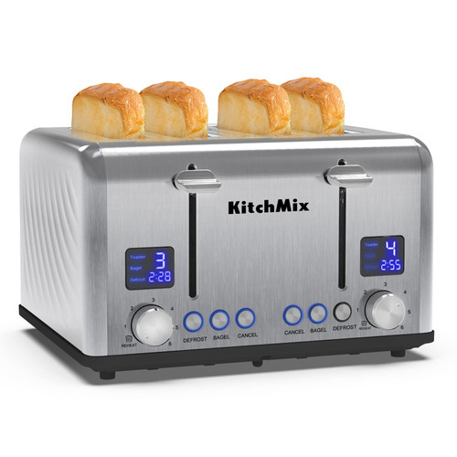 Toaster 4 Slice, KitchMix Bagel Stainless Toaster with LCD Timer, Extra Wide Slots, Dual Screen, Removal Crumb Tray (Stinless steel)